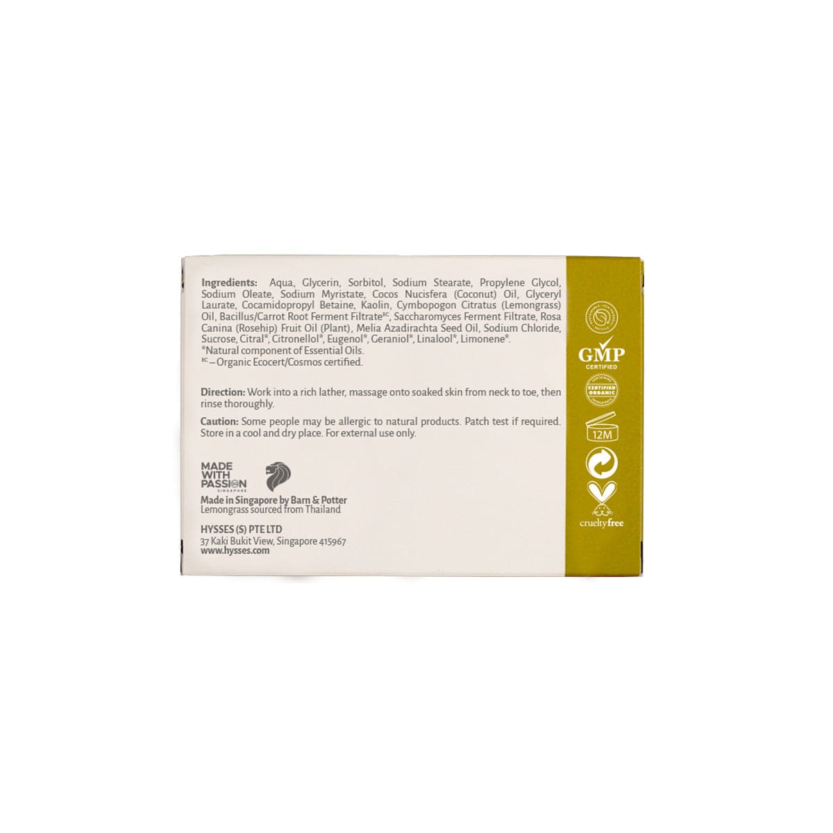 Hysses Singapore Body Probiotics Handmade Soap, Lemongrass