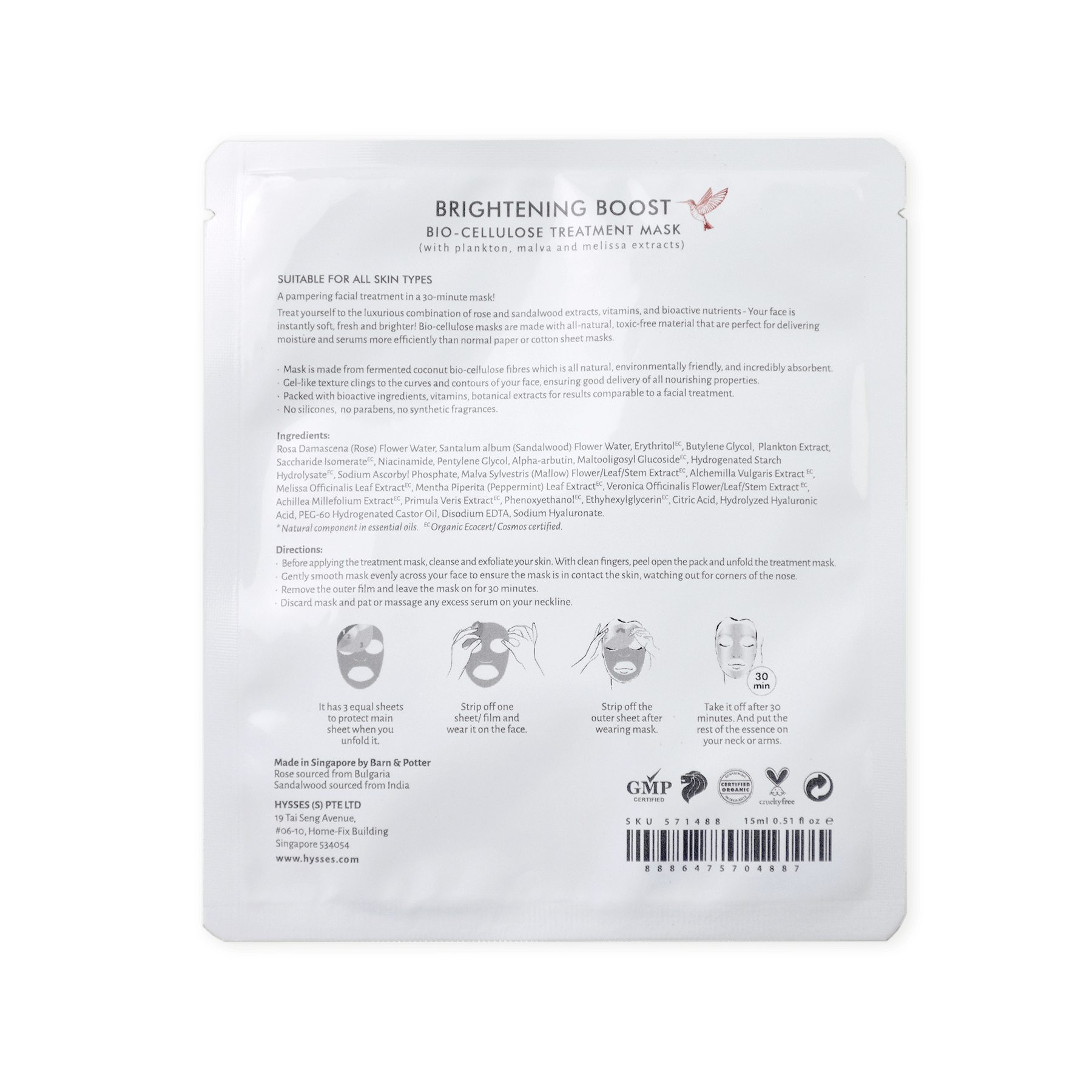 Hysses Singapore Face Bio Cellulose Brightening Mask Rose Sandalwood