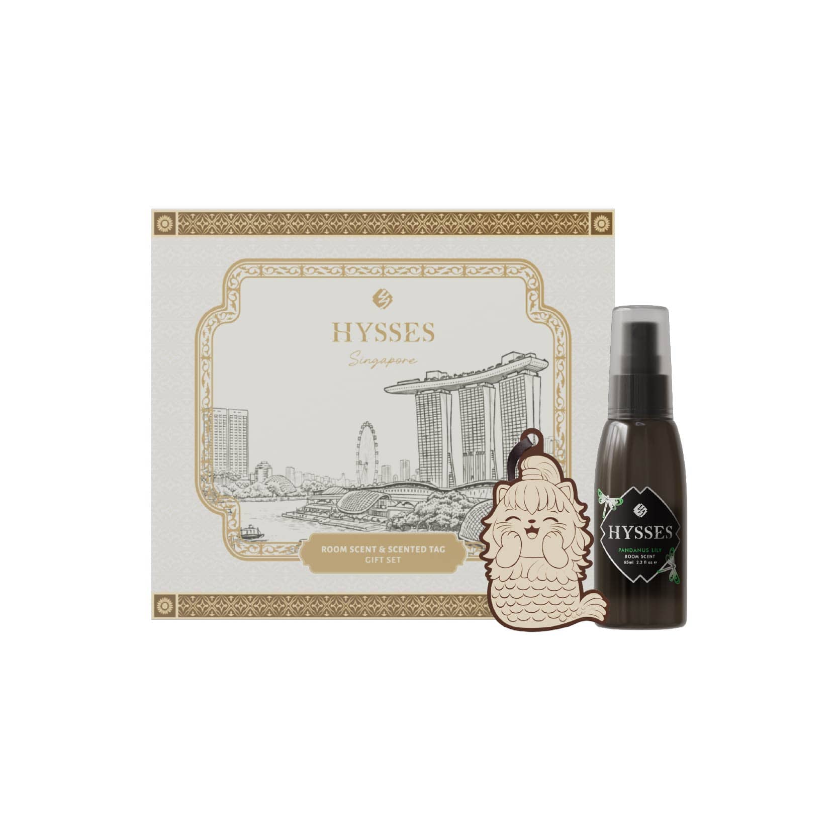Hysses Singapore Home & Scent Gift Set of 2, Singa Mercat Scented Tag & Room Scent, Pandanus Lily