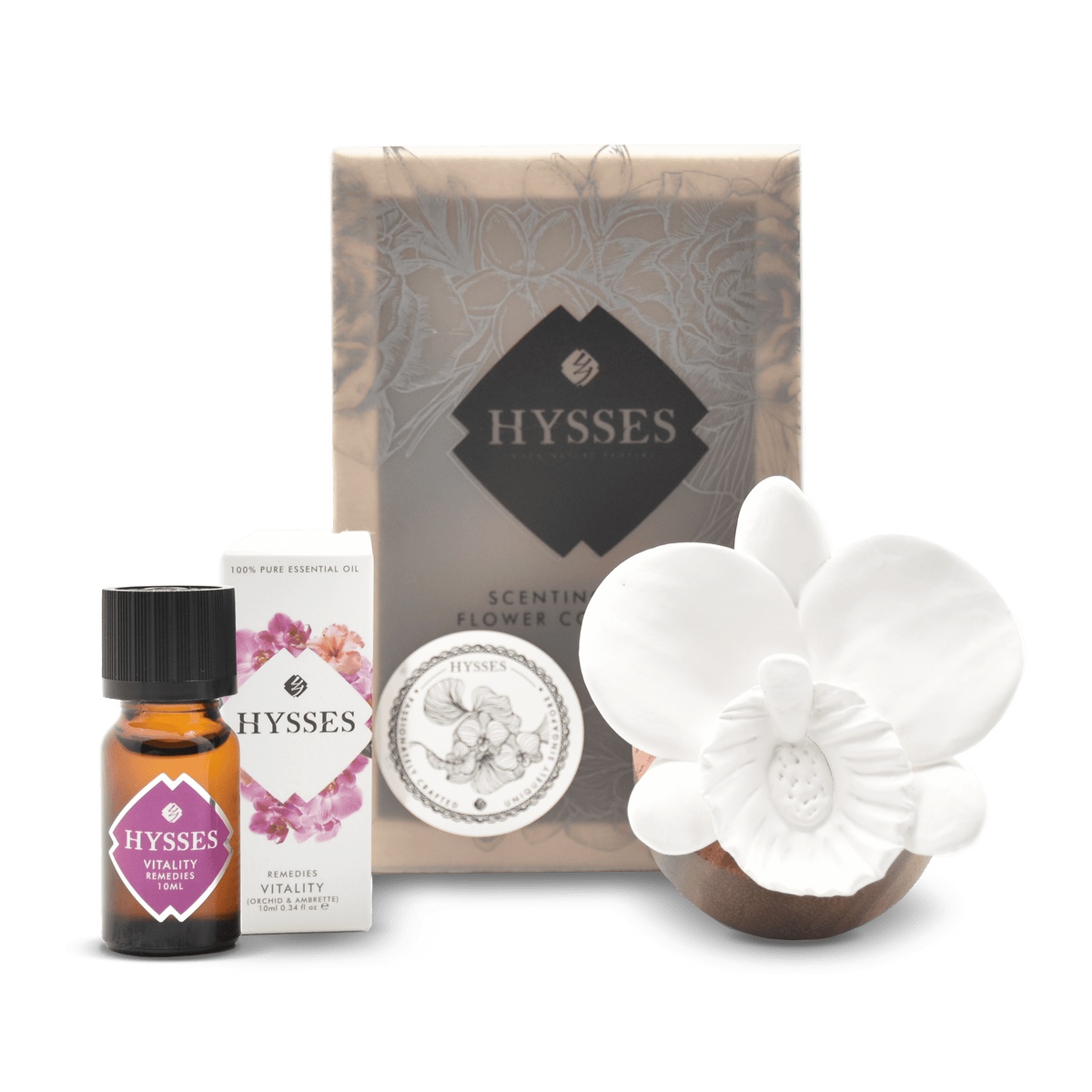 Hysses Essential Oil Bundle: Scenting Clay, Orchid + Remedies, Vitality (Orchid Ambrette)