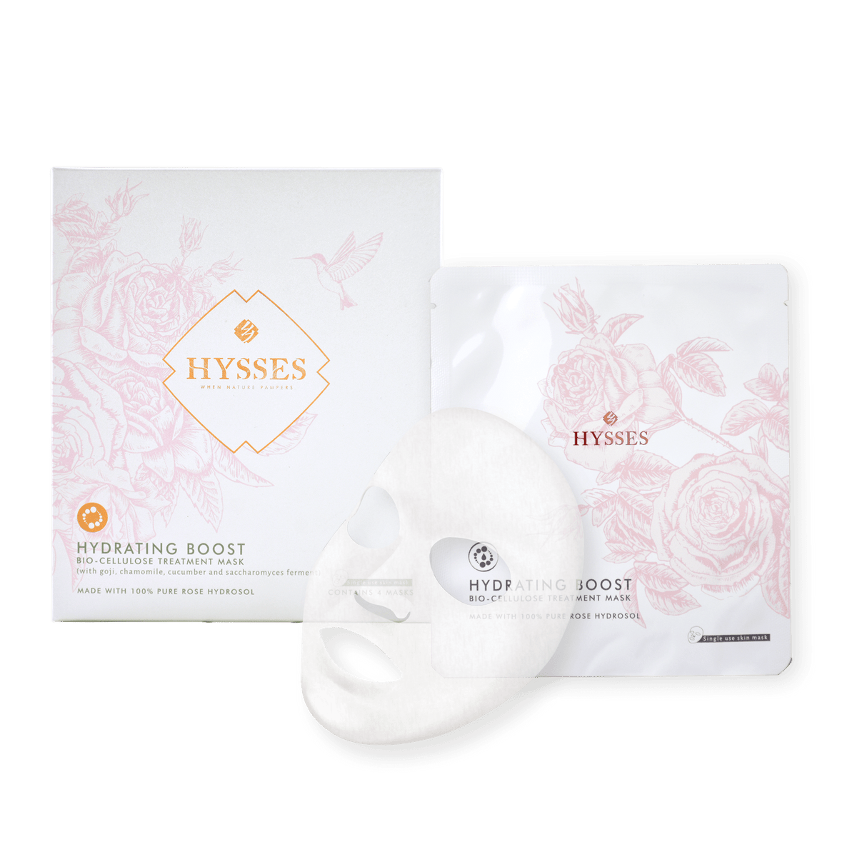 Hysses Face Care Box of 4 Bio Cellulose Hydrating Mask Rose (BOX)