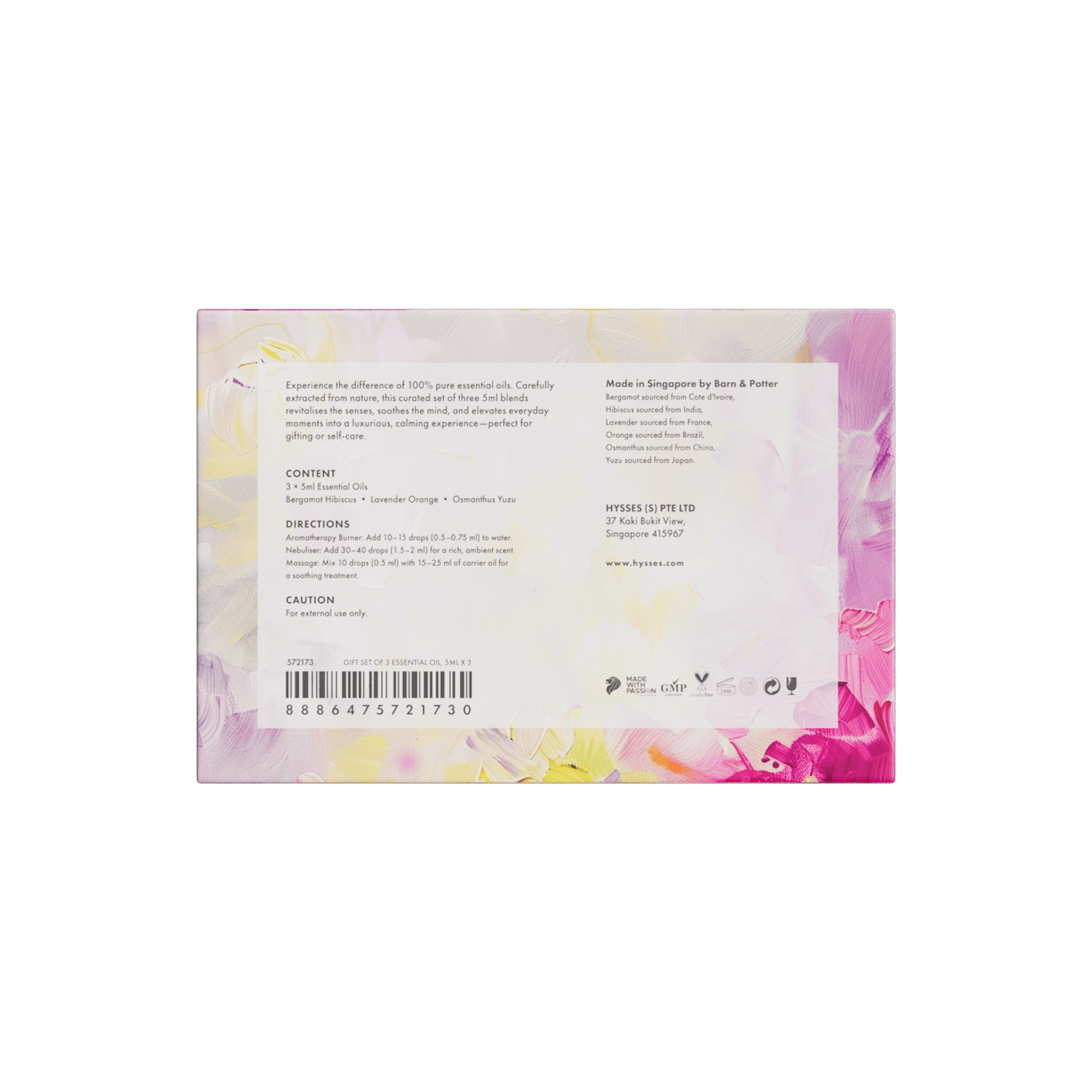 Hysses Singapore Gifts Gift Set of 3 Essential Oils, 5ml (Lavender Orange, Osmanthus Yuzu & Bergamot Hibiscus)