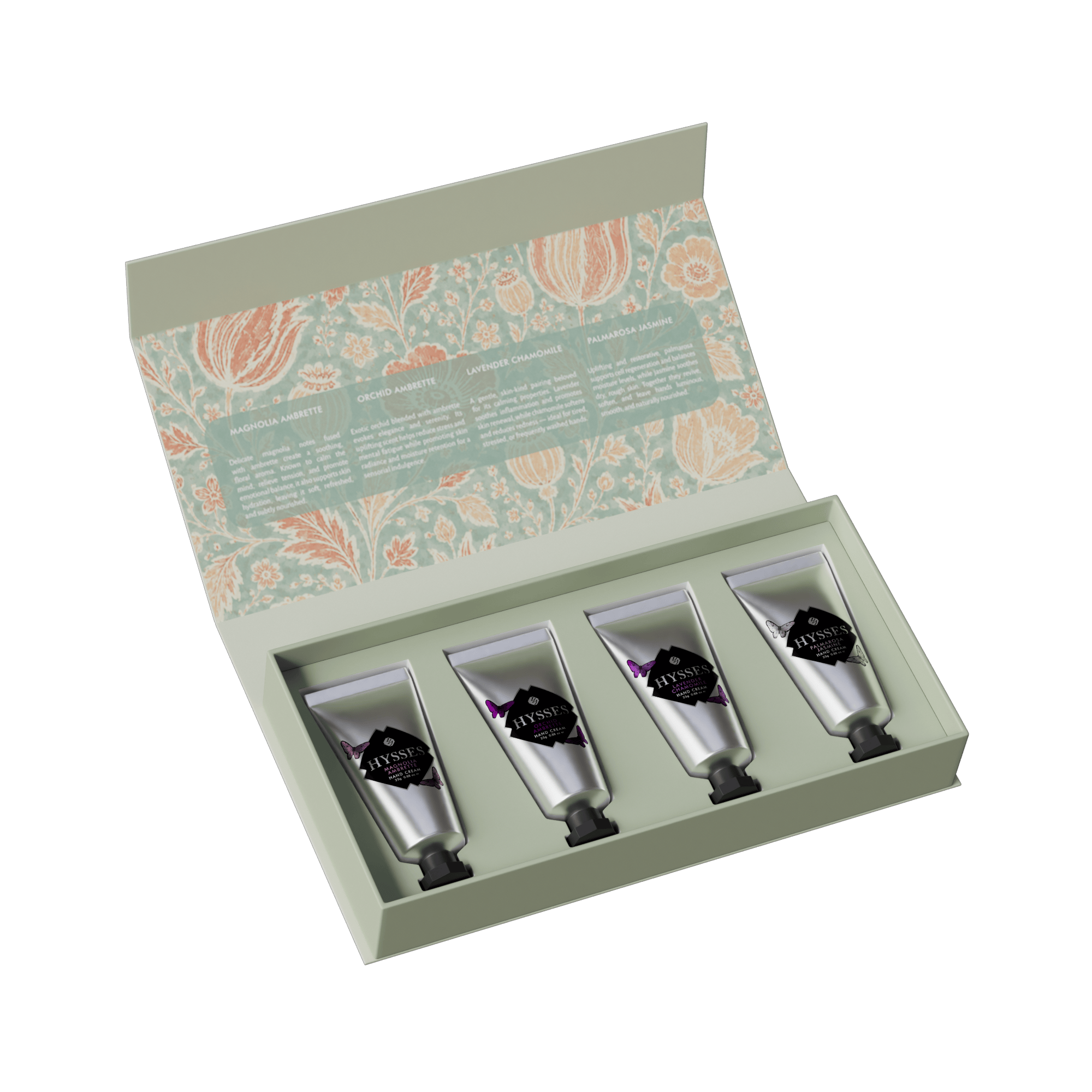 Hysses Gifts Gift Set Of 4 Hand Cream, 25g (Magnolia Ambrette · Orchid Ambrette · Lavender Chamomile · Palmarosa Jasmine)