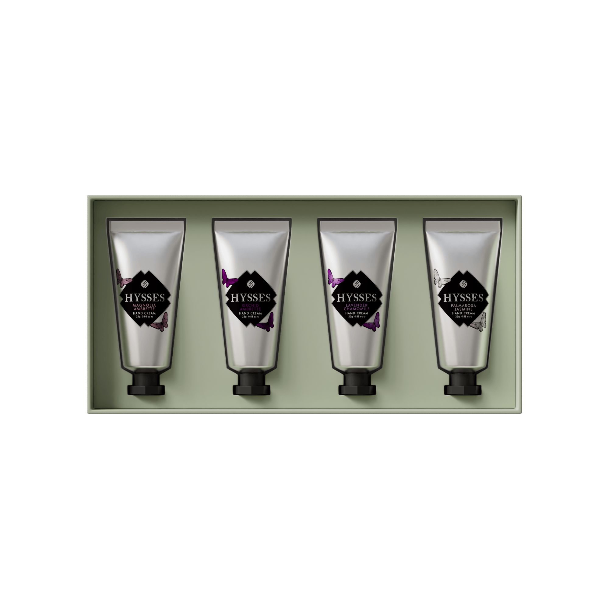 Hysses Gifts Gift Set Of 4 Hand Cream, 25g (Magnolia Ambrette · Orchid Ambrette · Lavender Chamomile · Palmarosa Jasmine)