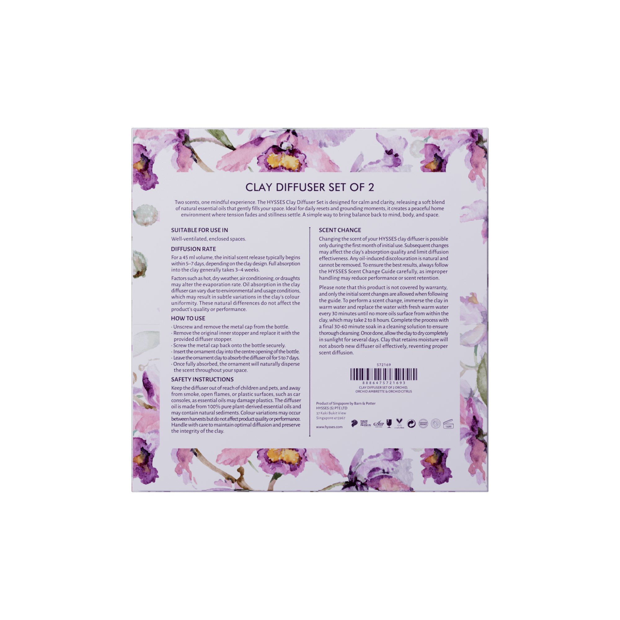 Hysses Singapore Home & Scent Clay Diffuser Set of 2, Orchid (Orchid Ambrette & Orchid Citrus)