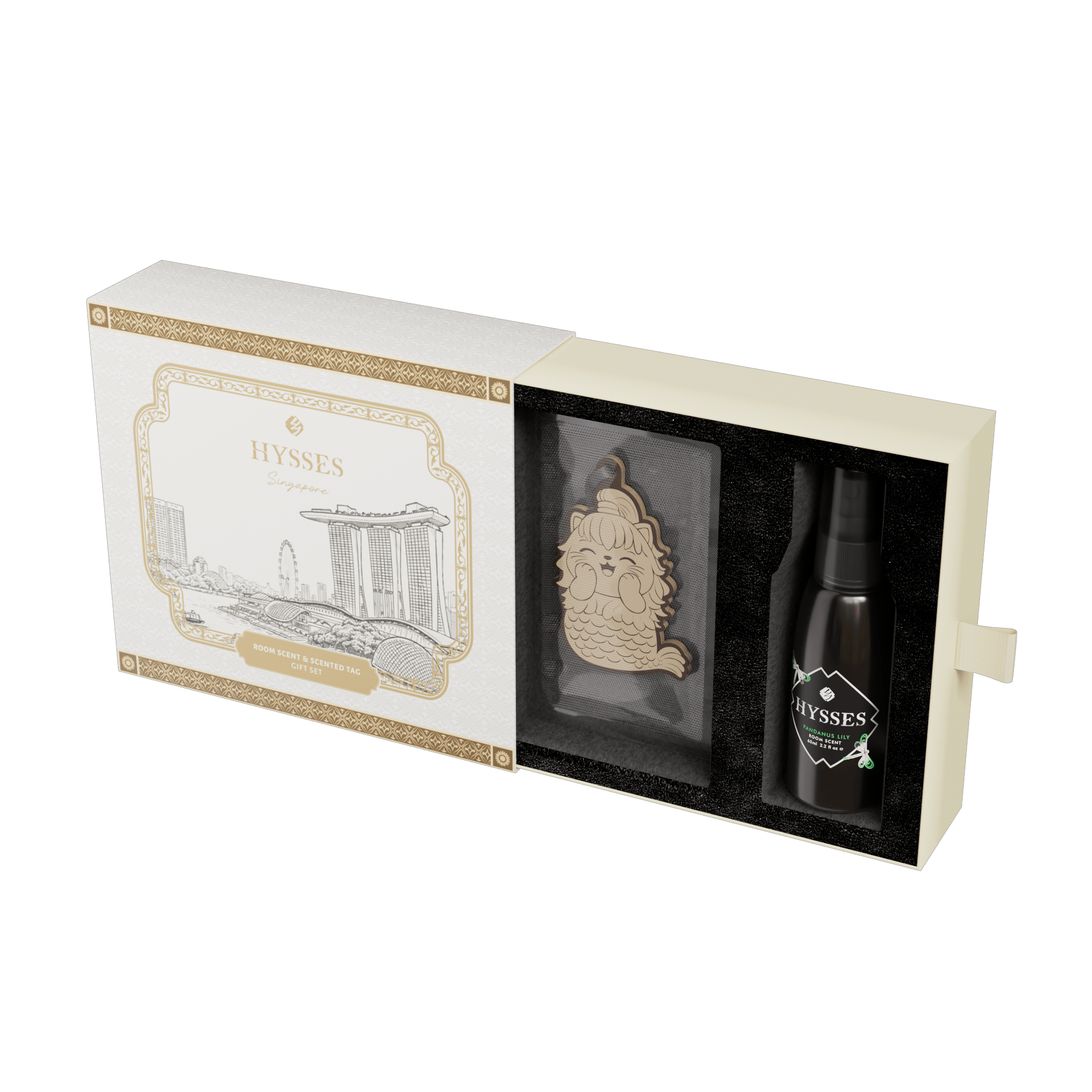 Hysses Singapore Home & Scent Gift Set of 2, Singa Mercat Scented Tag & Room Scent, Pandanus Lily