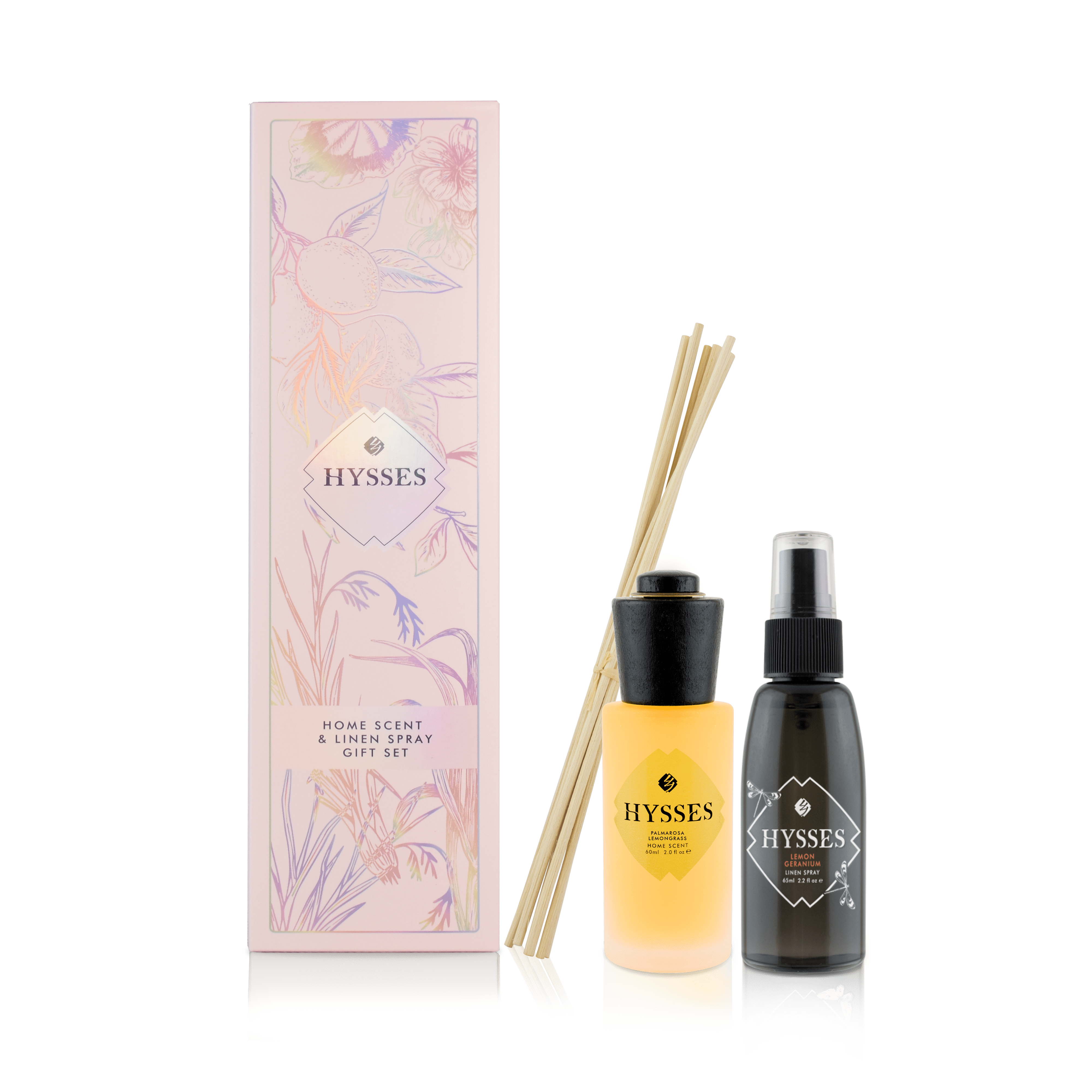 Hysses Home Scents Gift Set Of 2 Linen Spray & Home Scent Lemon Geranium & Palmarosa Lemongrass 65ml/60ml