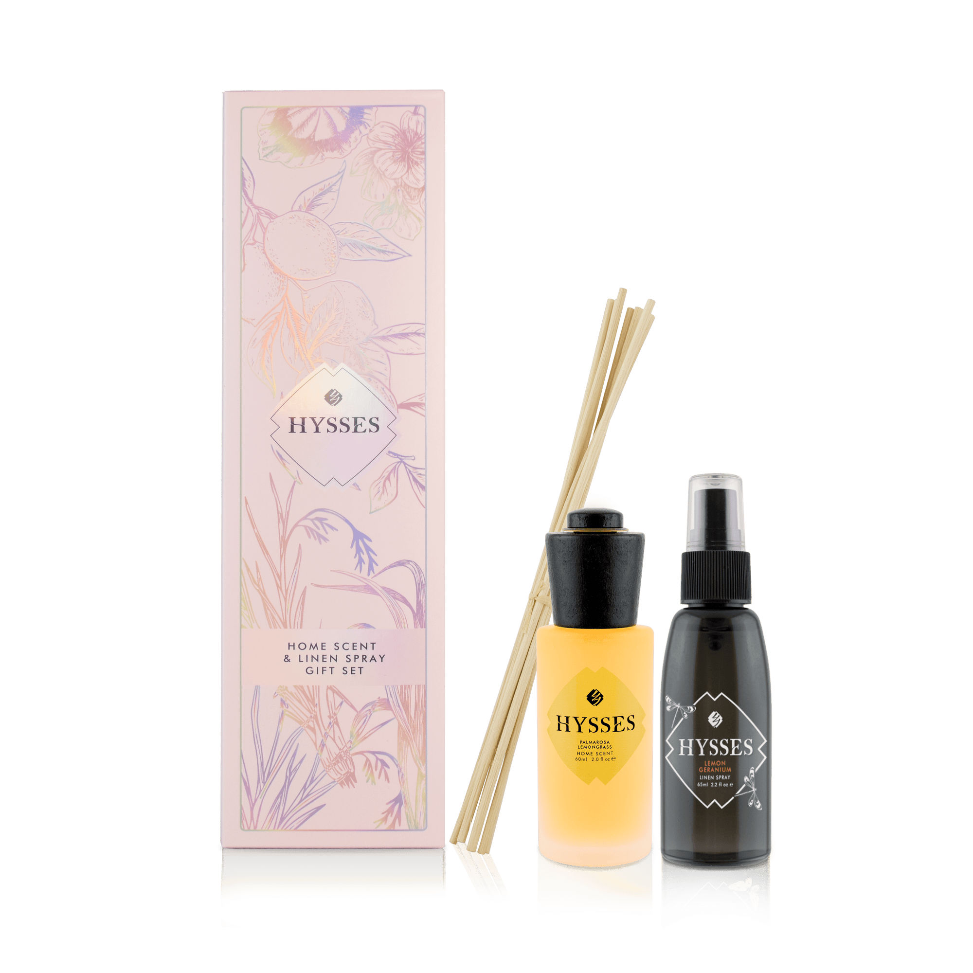 Hysses Home Scents Gift Set Of 2 Linen Spray & Home Scent Lemon Geranium & Palmarosa Lemongrass 65ml/60ml