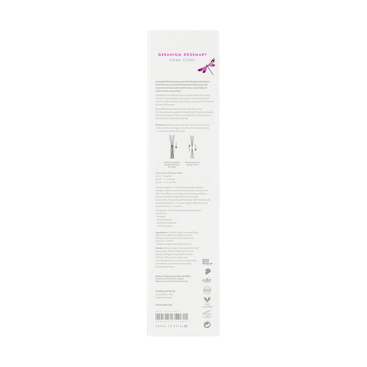 Hysses Home Scents Home Scent Reed Diffuser Geranium Rosemary
