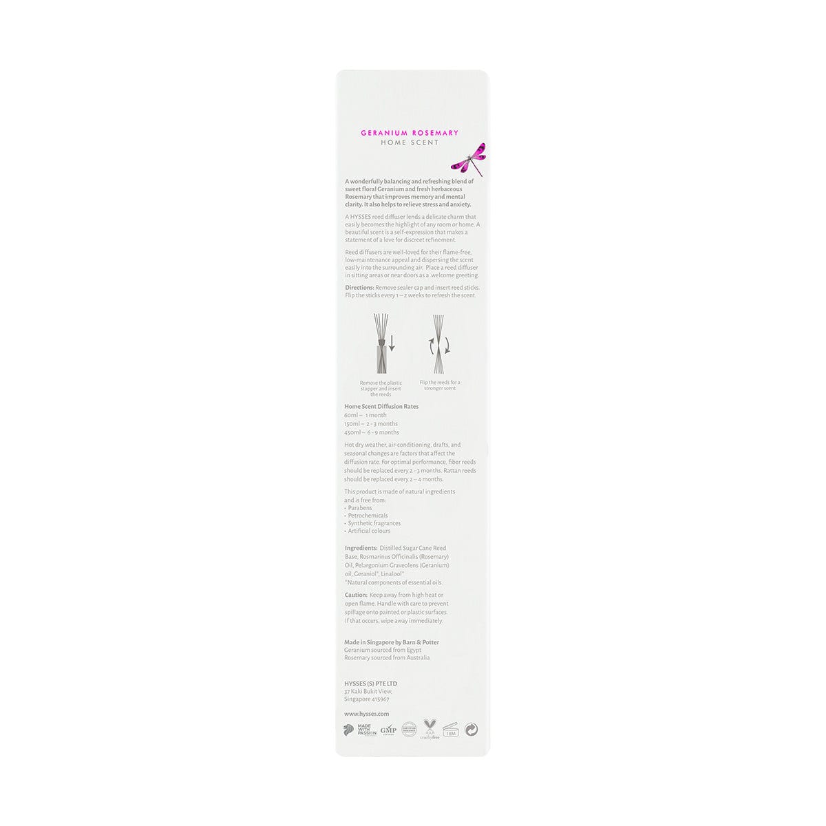 Hysses Home Scents Home Scent Reed Diffuser Geranium Rosemary