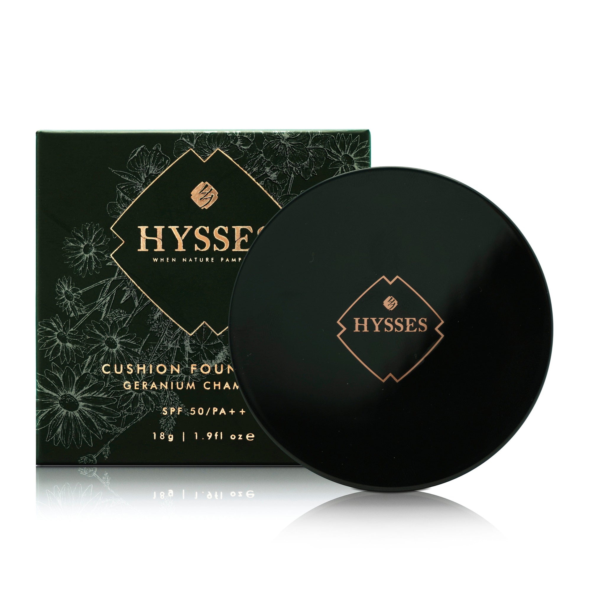 Hysses Face Care Tan Absolute Coverage Cushion Foundation Geranium Chamomile Broad Spectrum SPF50/PA++, Tan 15G