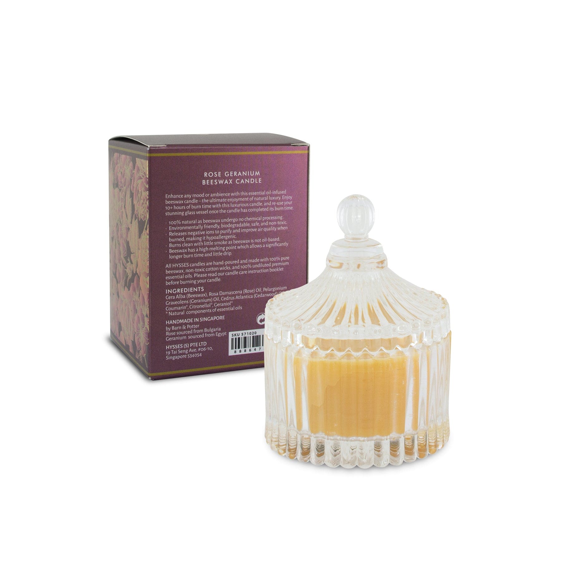 Hysses Home Scents 200g Beeswax Candle Rose Geranium, 100g